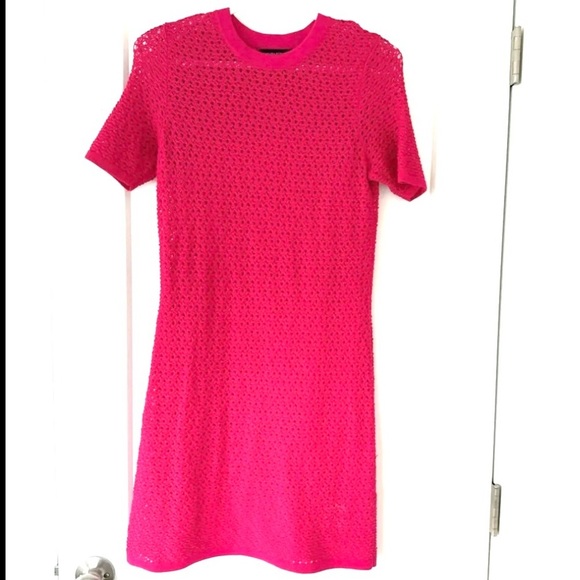 Banana Republic Pointelle Short Sleeve Mini Sweater Dress Fuchsia Pink XS - Picture 2 of 5